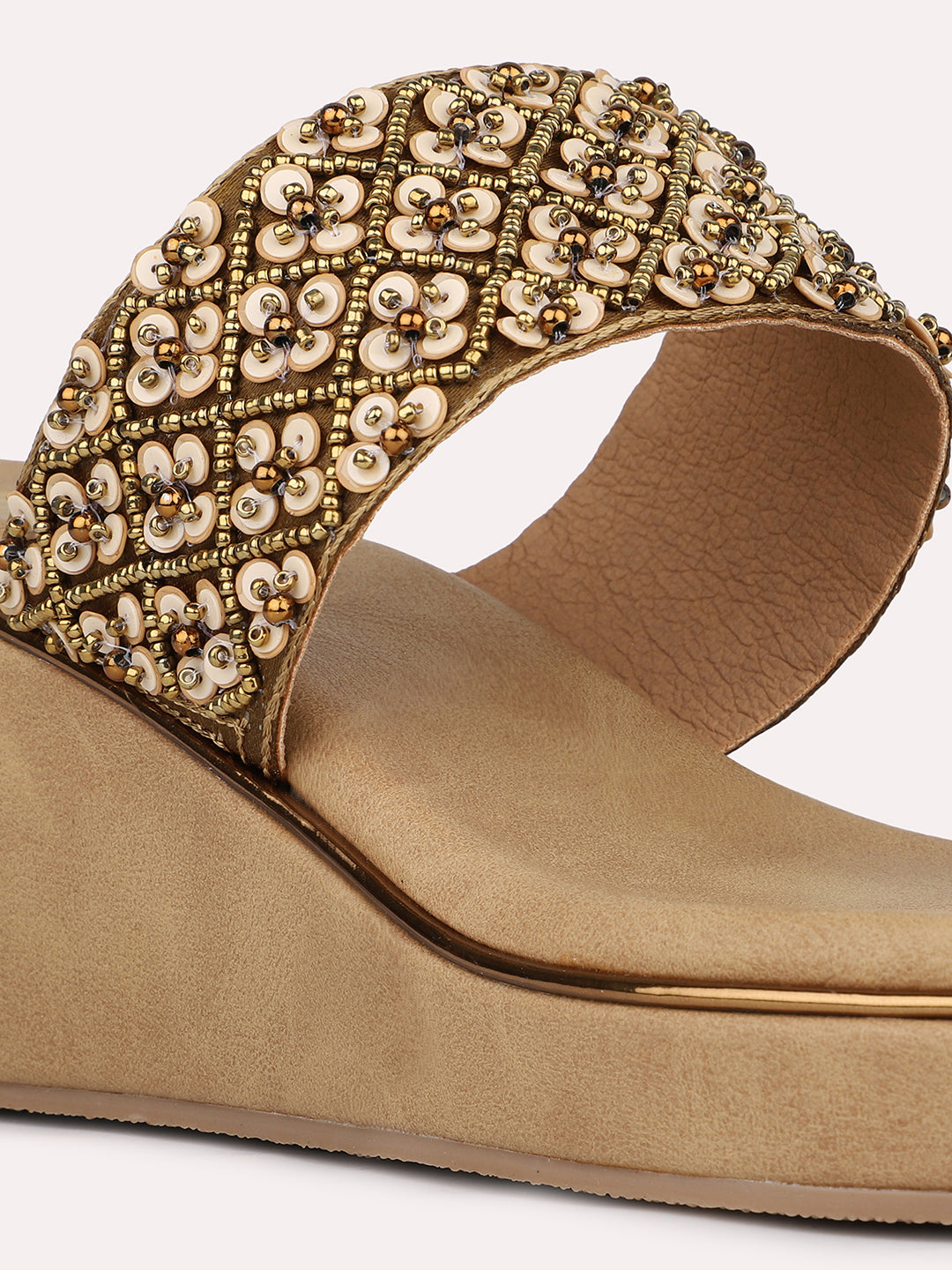 Womens Golden Embellished Open Toe Party Wear Wedge Heels