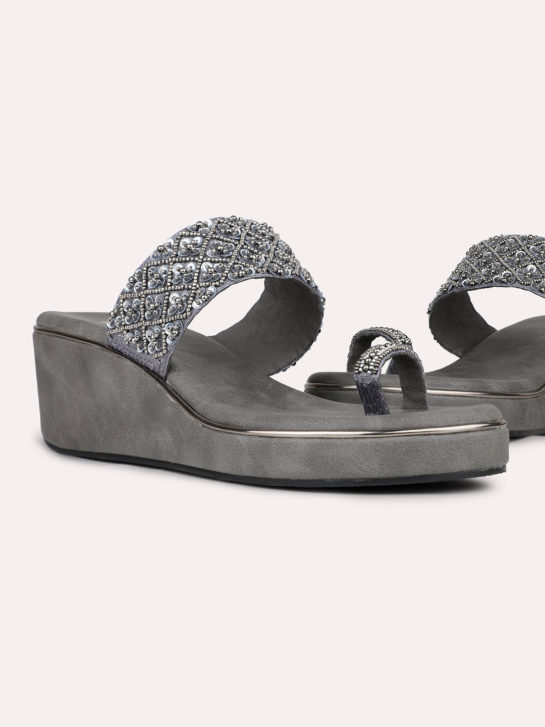 Womens Pewter Embellished Open Toe Party Wear Wedge Heel Sandals