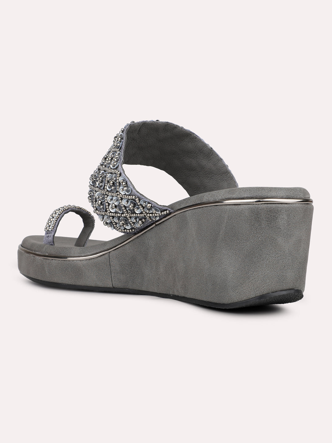 Womens Pewter Embellished Open Toe Party Wear Wedge Heel Sandals