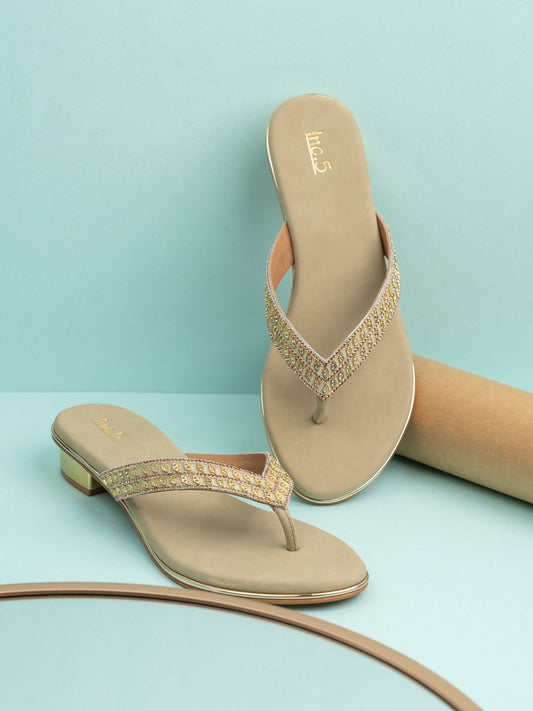 Womens Golden Ethnic Embellished T-Strap Flats