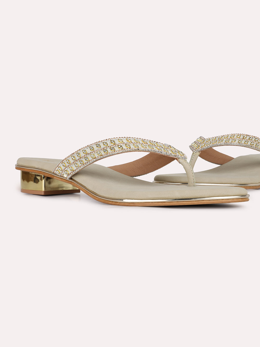 Womens Golden Ethnic Embellished T-Strap Flats