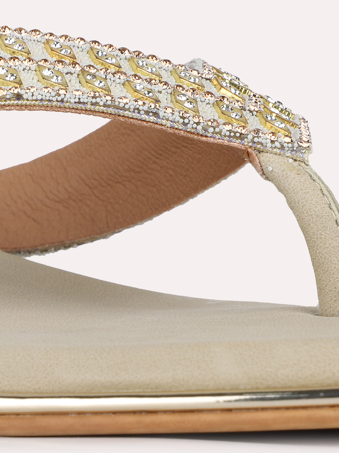 Womens Golden Ethnic Embellished T-Strap Flats