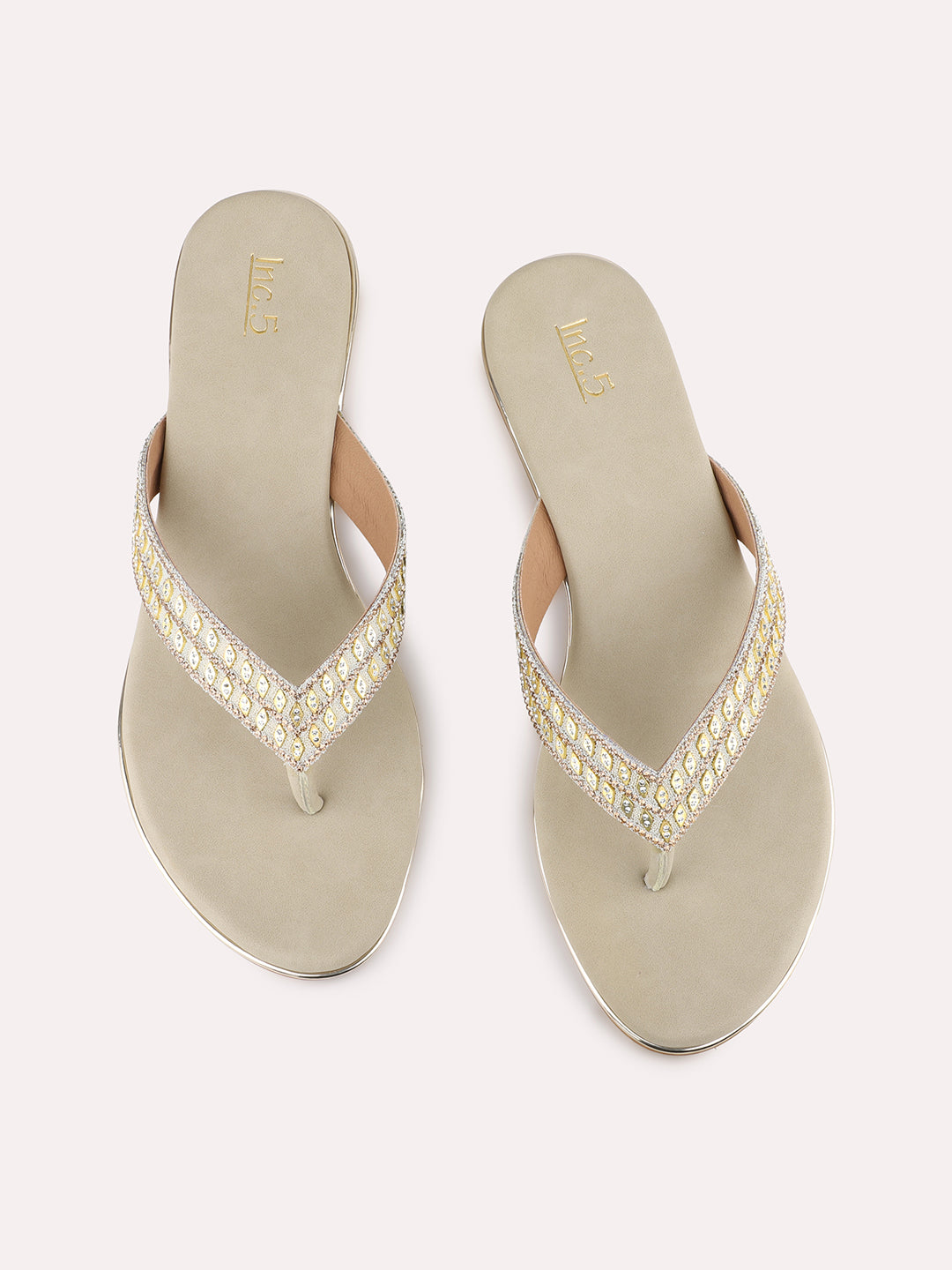 Womens Golden Ethnic Embellished T-Strap Flats