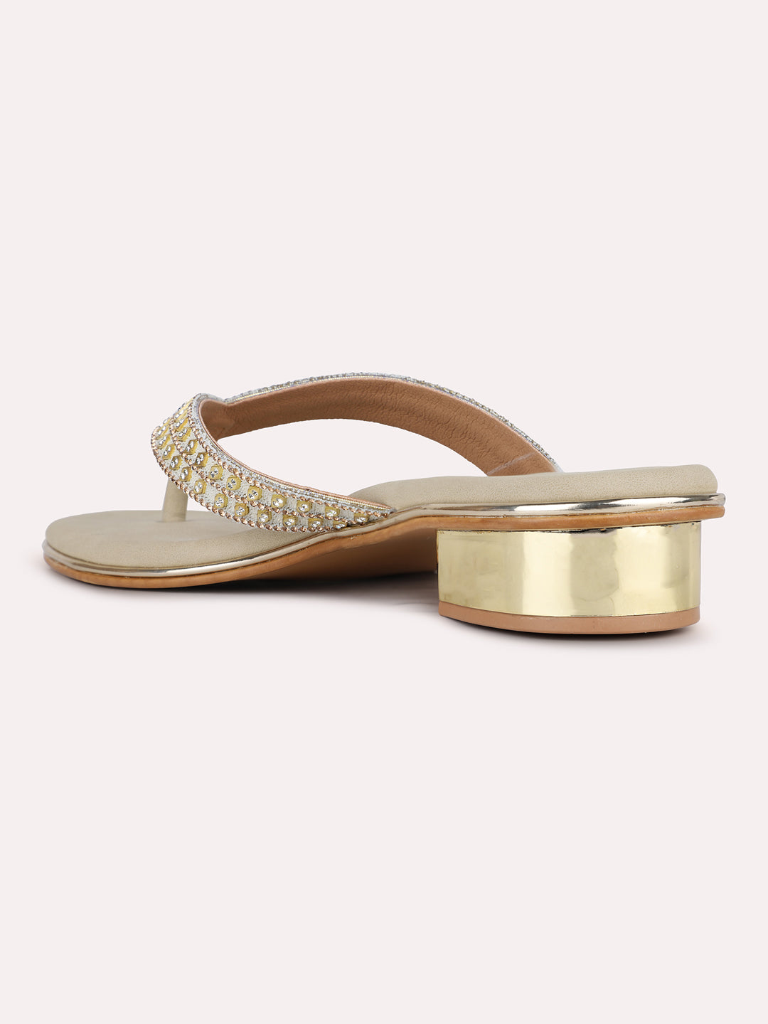 Womens Golden Ethnic Embellished T-Strap Flats