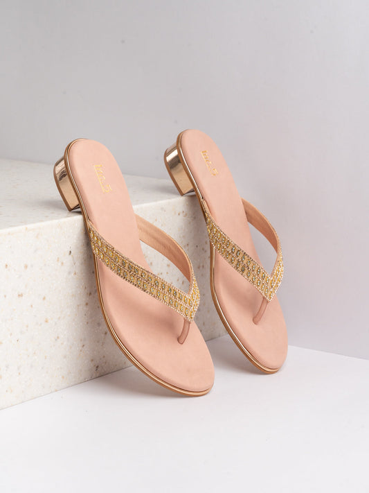 Womens Rose Gold Ethnic Embellished T-Strap Flats