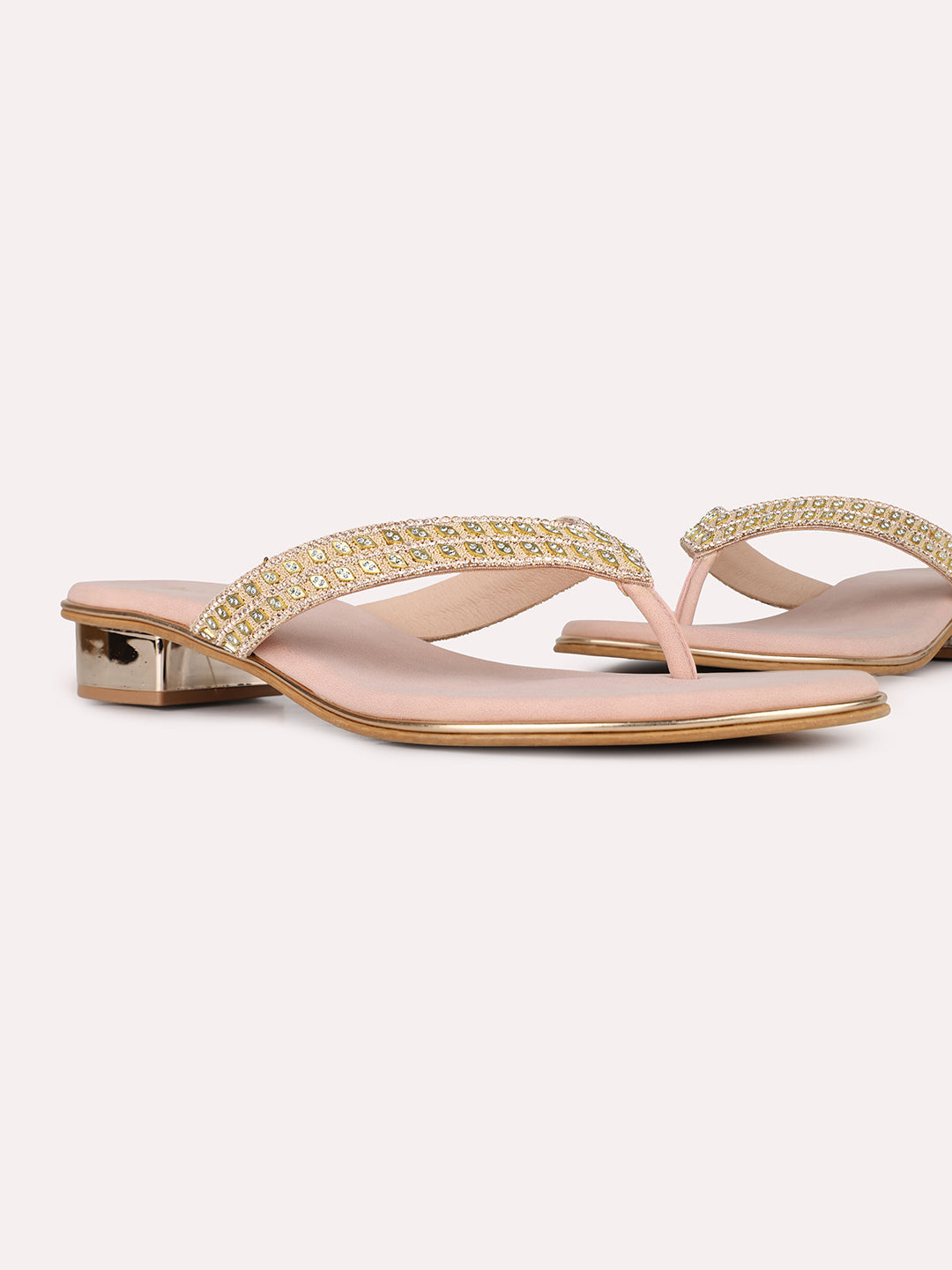 Womens Rose Gold Ethnic Embellished T-Strap Flats