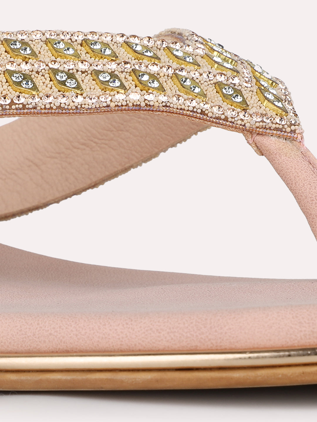 Womens Rose Gold Ethnic Embellished T-Strap Flats