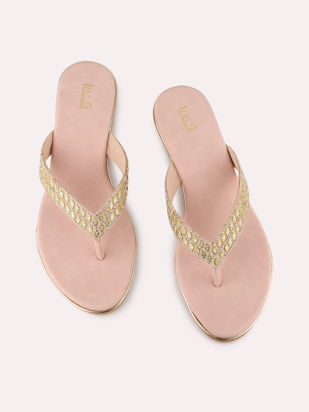 Womens Rose Gold Ethnic Embellished T-Strap Flats