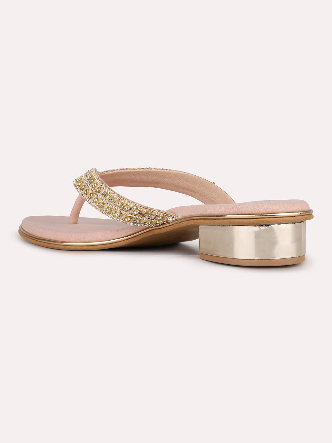 Womens Rose Gold Ethnic Embellished T-Strap Flats