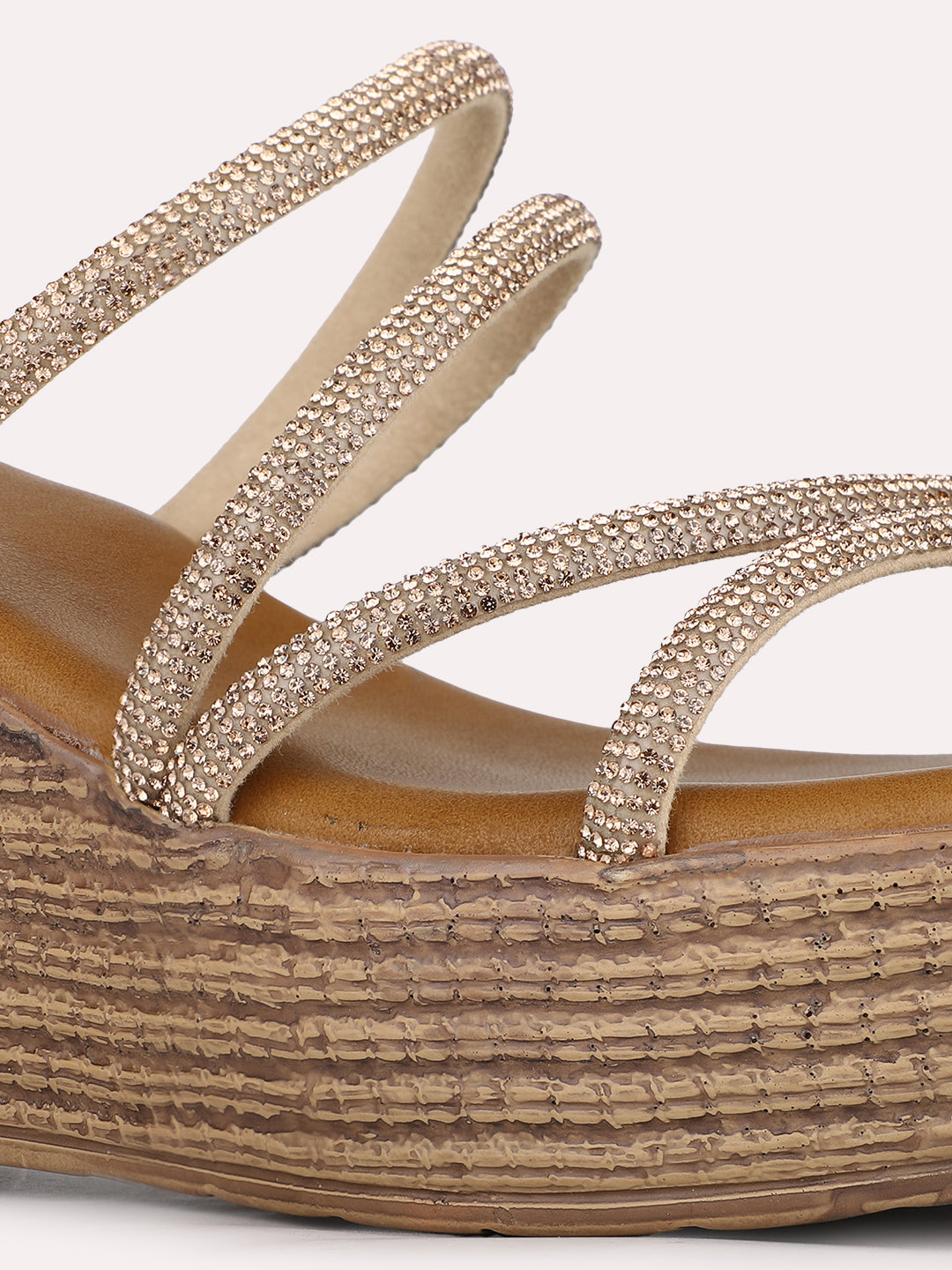 Womens Golden Party Wear Striped Round Toe Wedges Heels