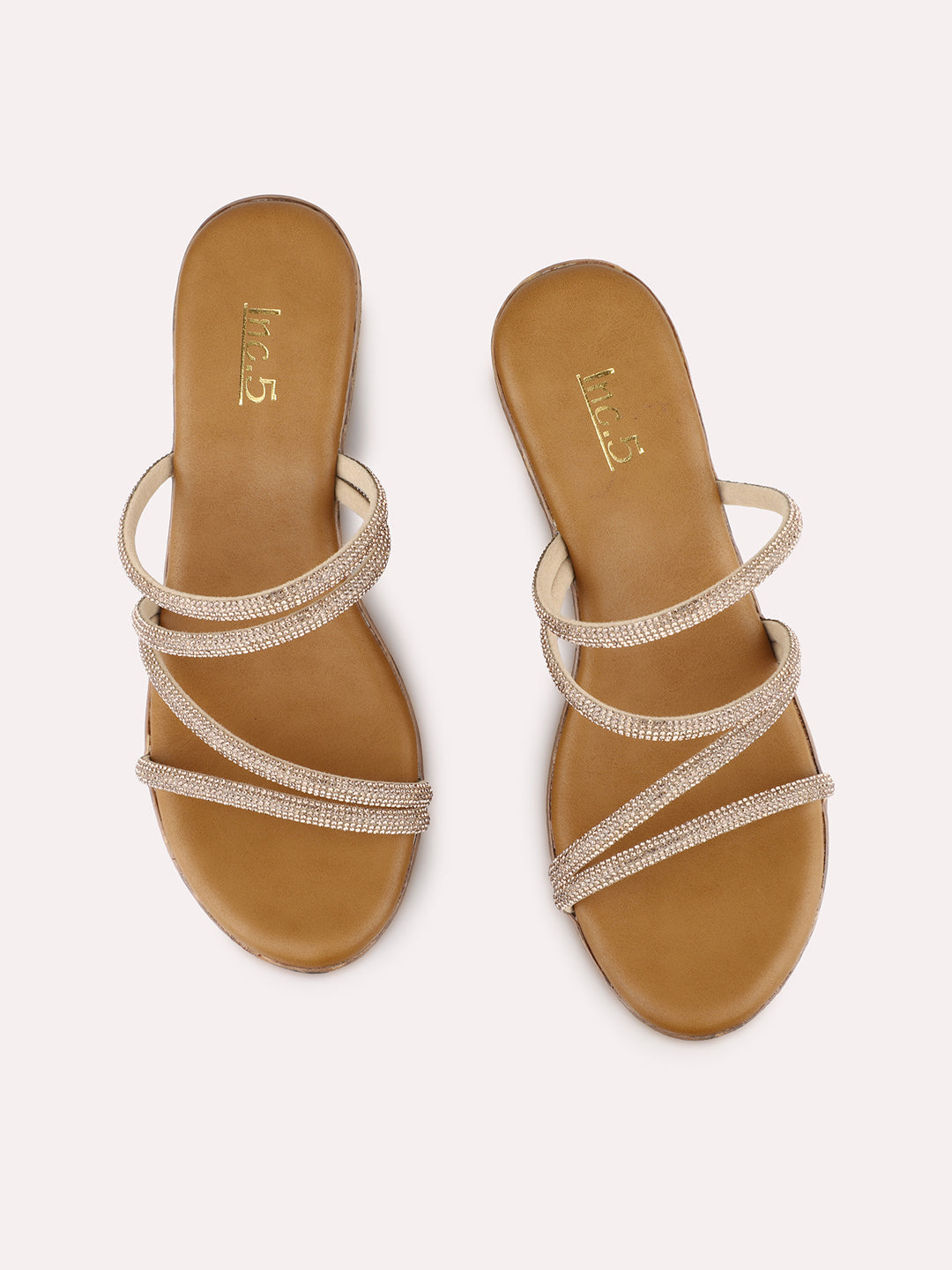 Womens Golden Party Wear Striped Round Toe Wedges Heels