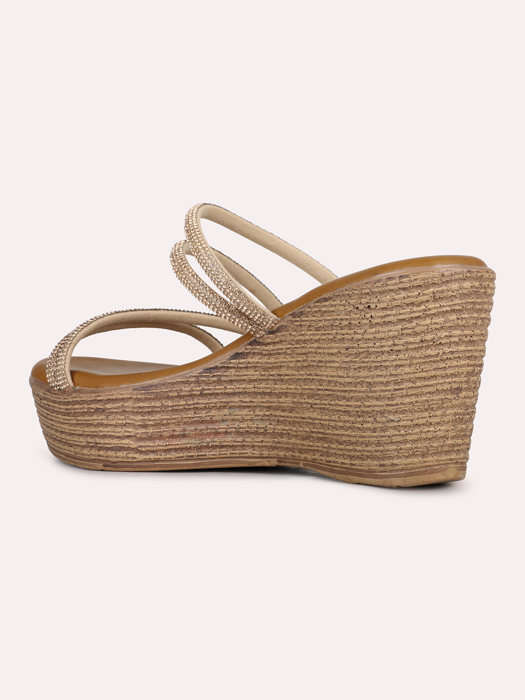 Womens Golden Party Wear Striped Round Toe Wedges Heels