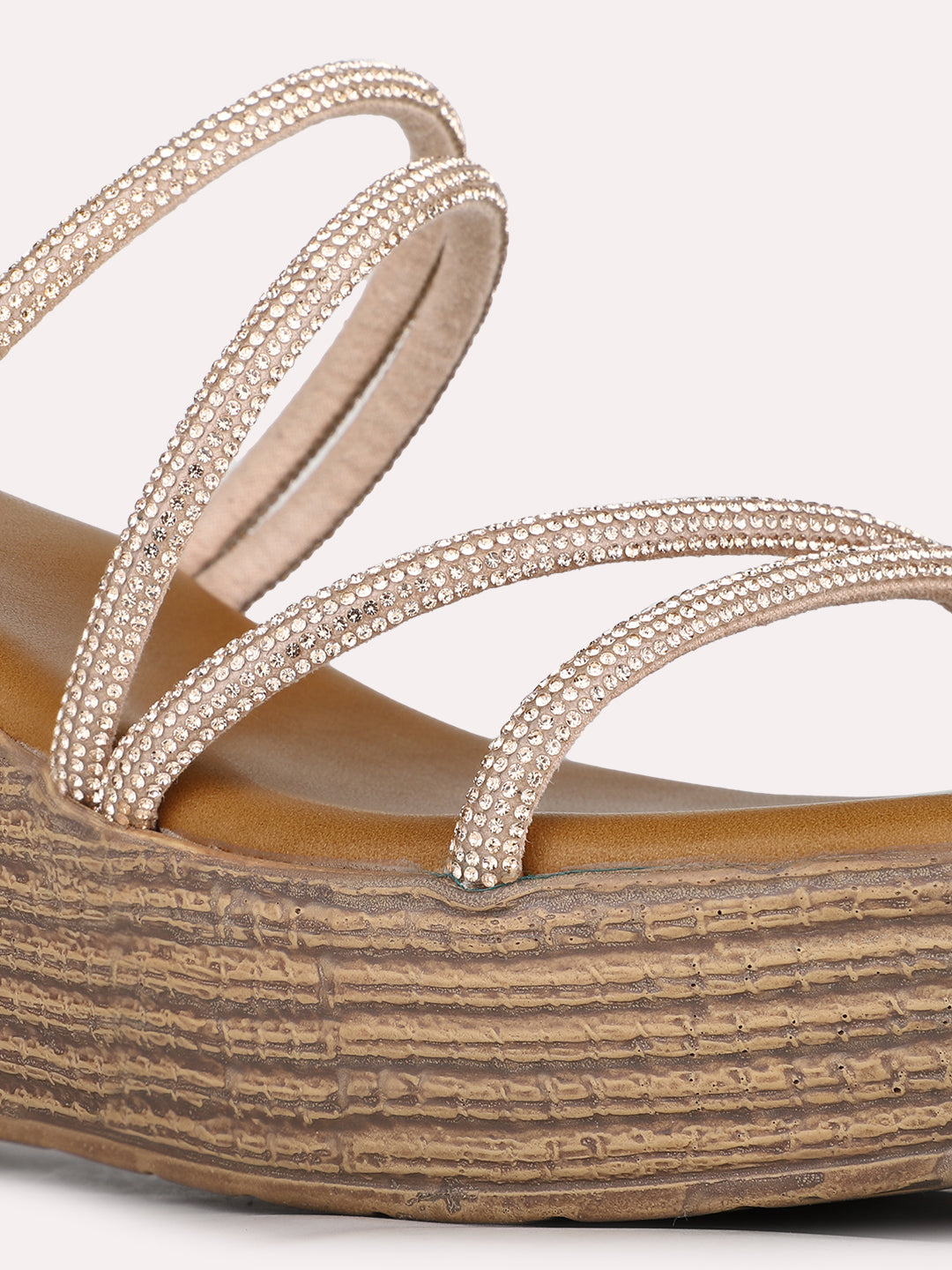 Womens Rose Gold Party Wear Striped Round Toe Wedges Heels