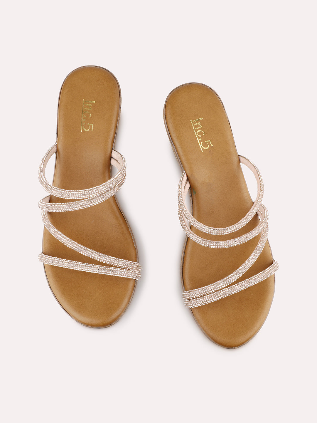 Womens Rose Gold Party Wear Striped Round Toe Wedges Heels
