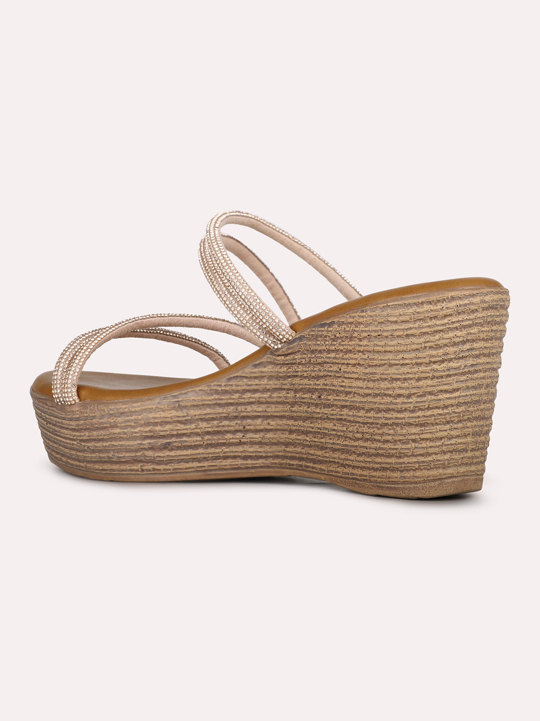 Womens Rose Gold Party Wear Striped Round Toe Wedges Heels