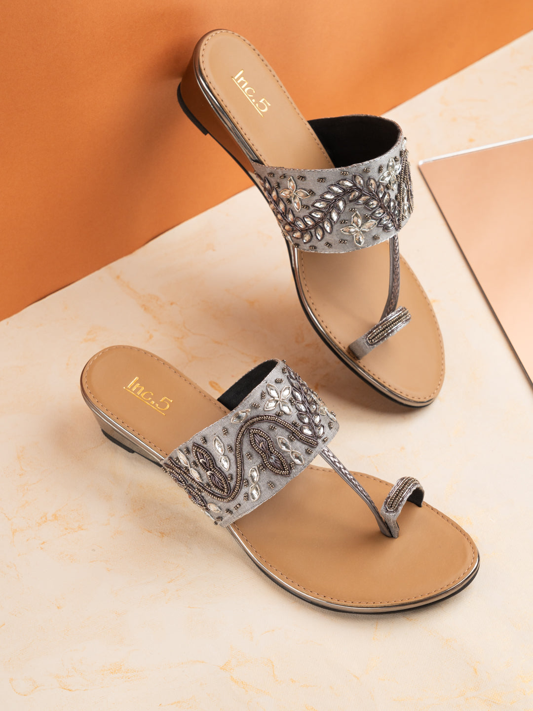 Womens Pewter Party Wear Printed Round Toe Wedges Heel Sandals