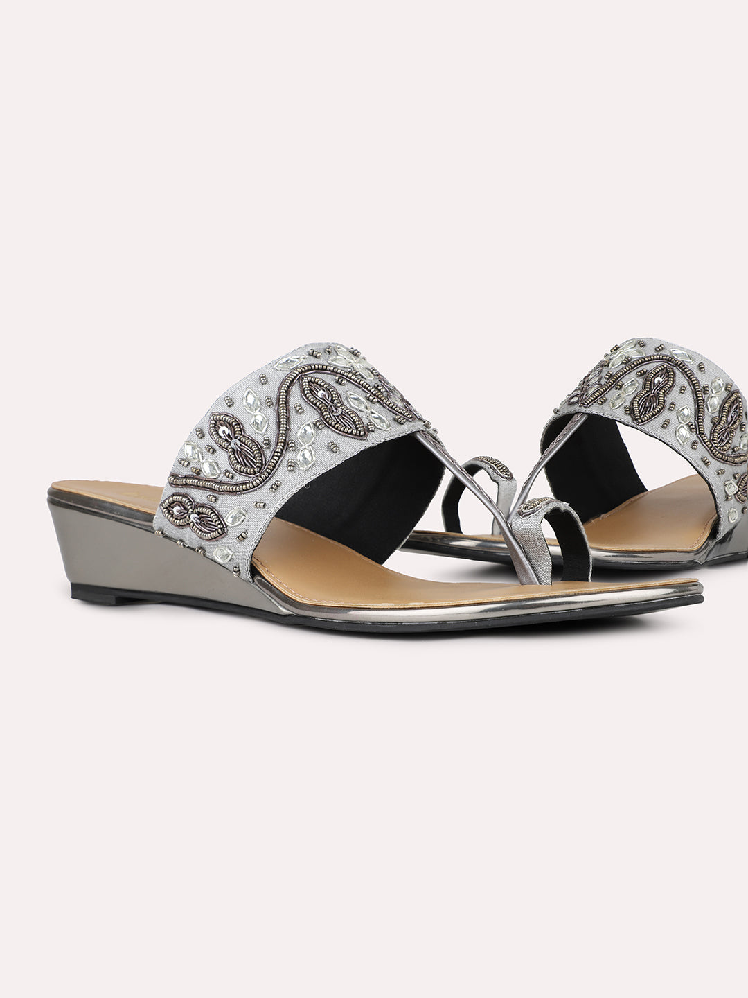 Womens Pewter Party Wear Printed Round Toe Wedges Heel Sandals