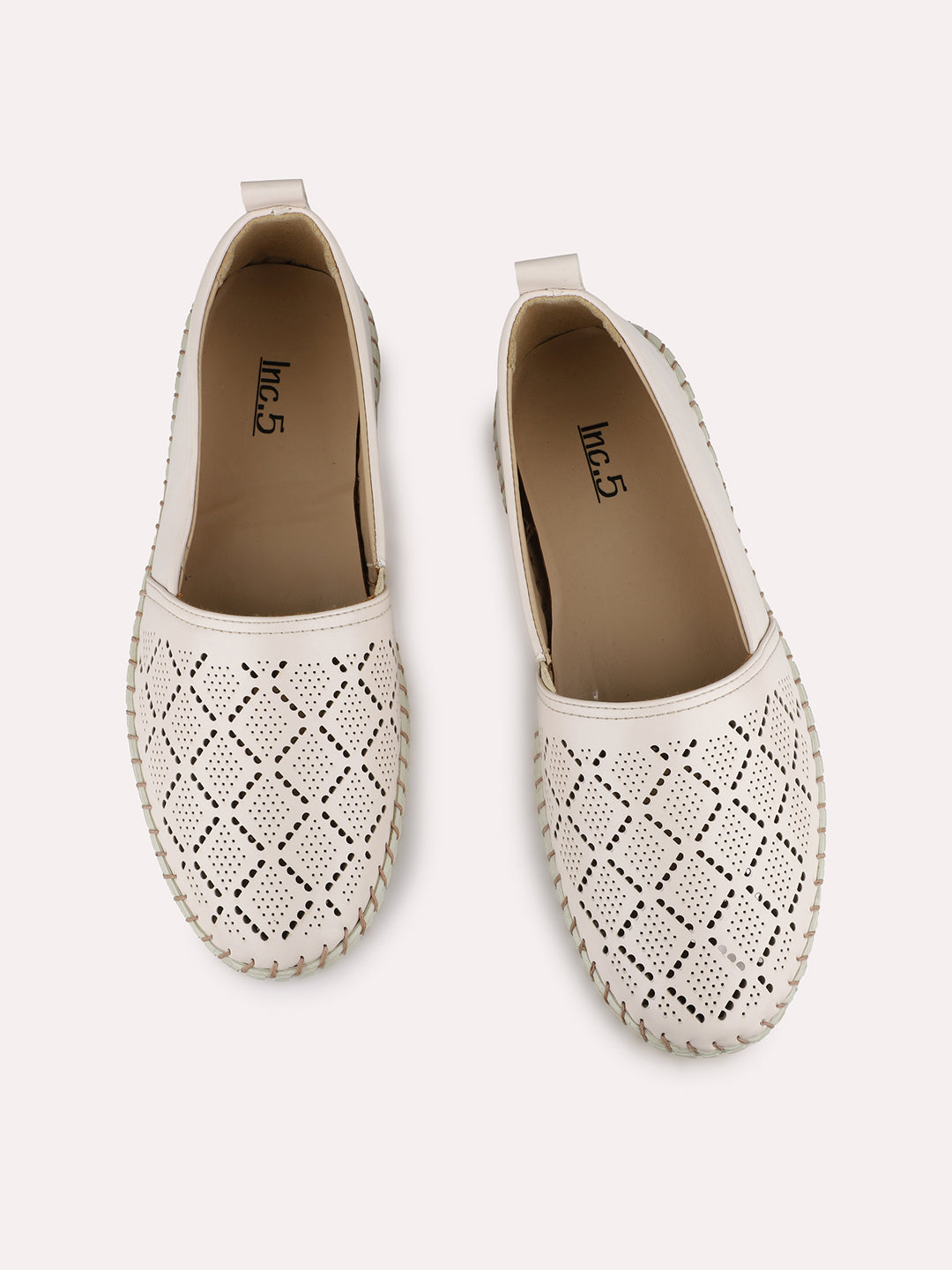 Womens Cream Casual Embellished Round Toe Loafer Shoes