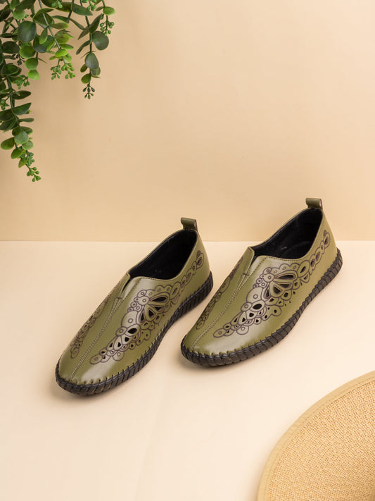 Womens Green Casual Embellished Round Toe Loafers Shoes