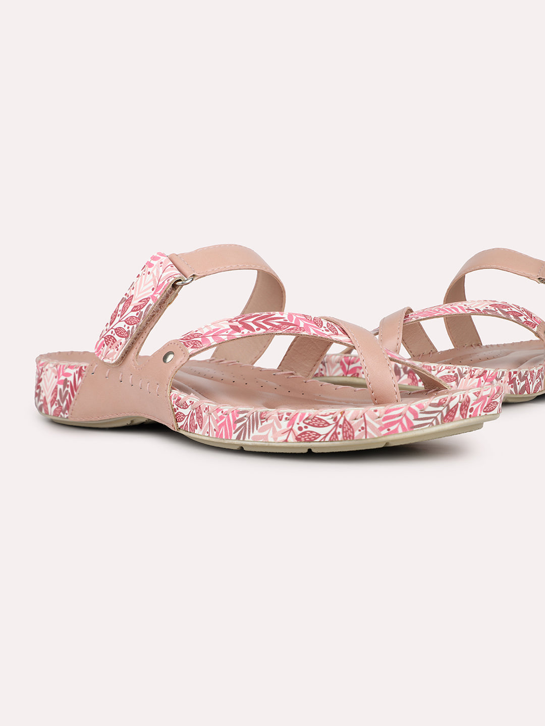 Womens Peach Printed One Toe Casual Slip-On Flat Sandals