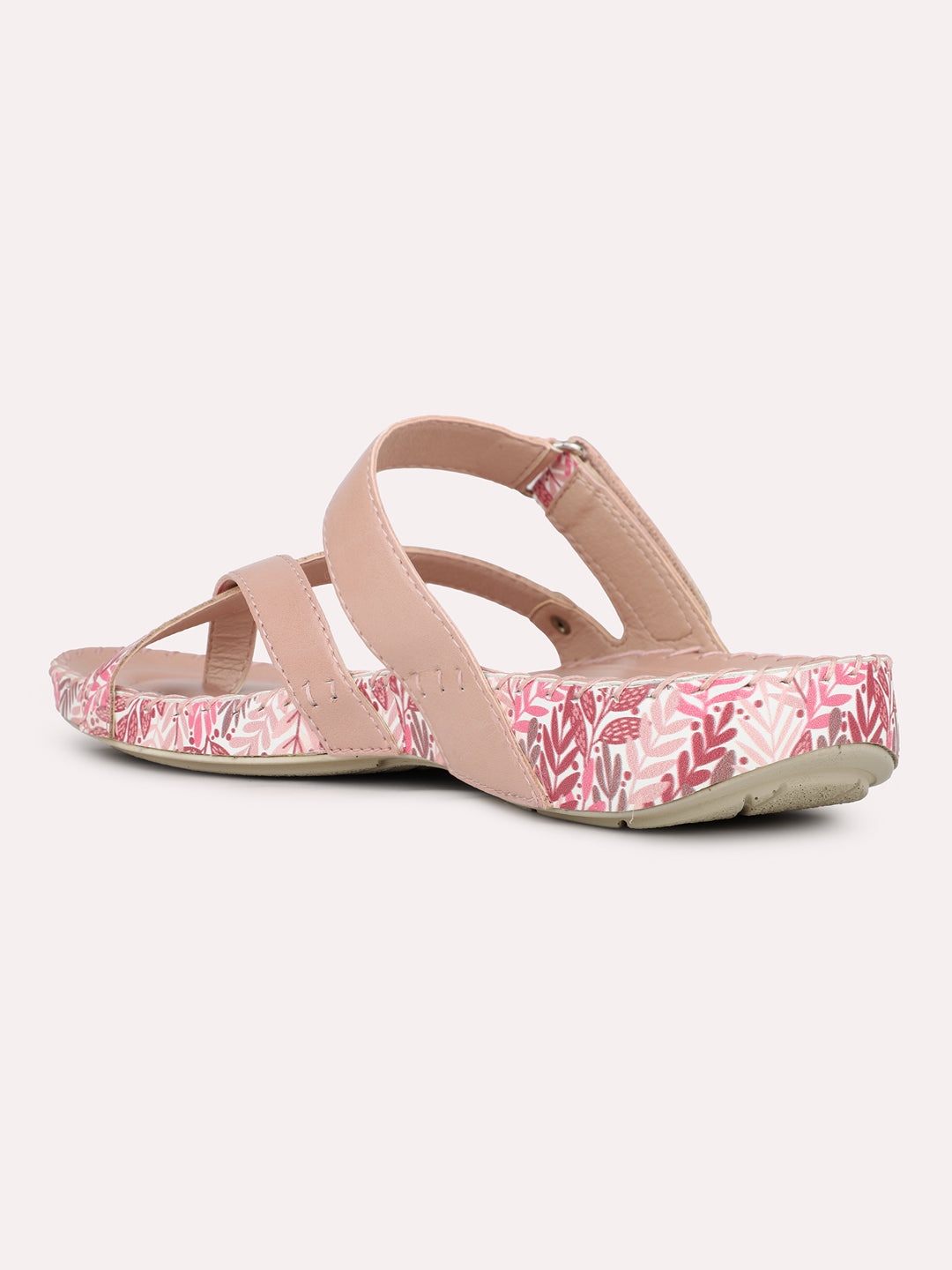 Womens Peach Printed One Toe Casual Slip-On Flat Sandals