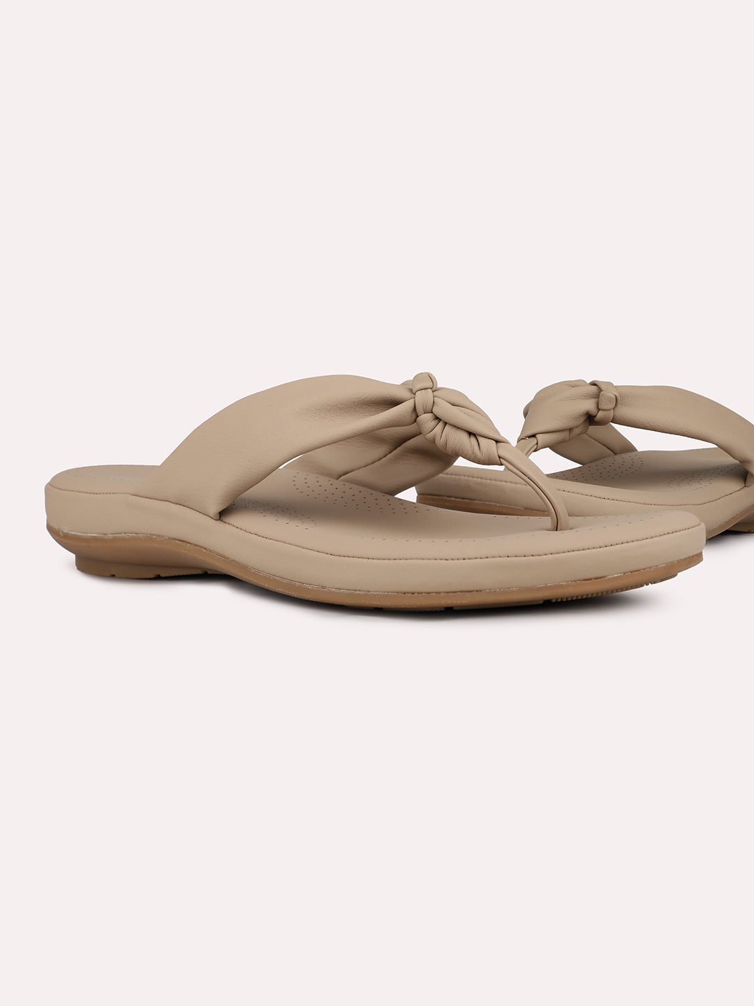 Womens Beige Solid T-Strap Casual Slip-On Flats