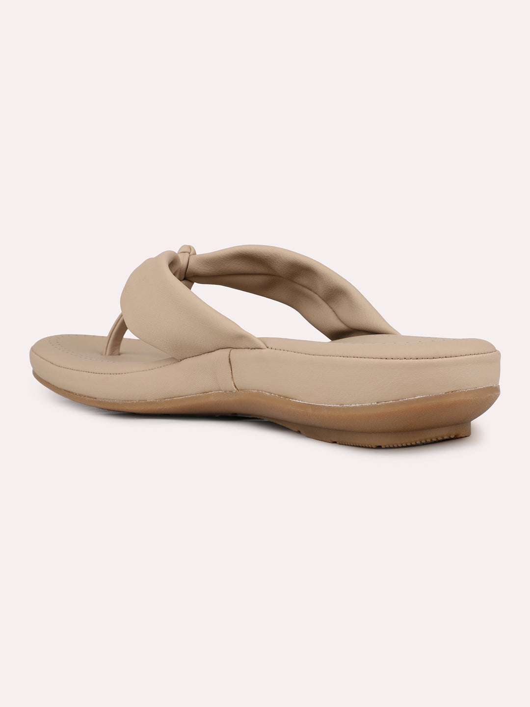 Womens Beige Solid T-Strap Casual Slip-On Flats