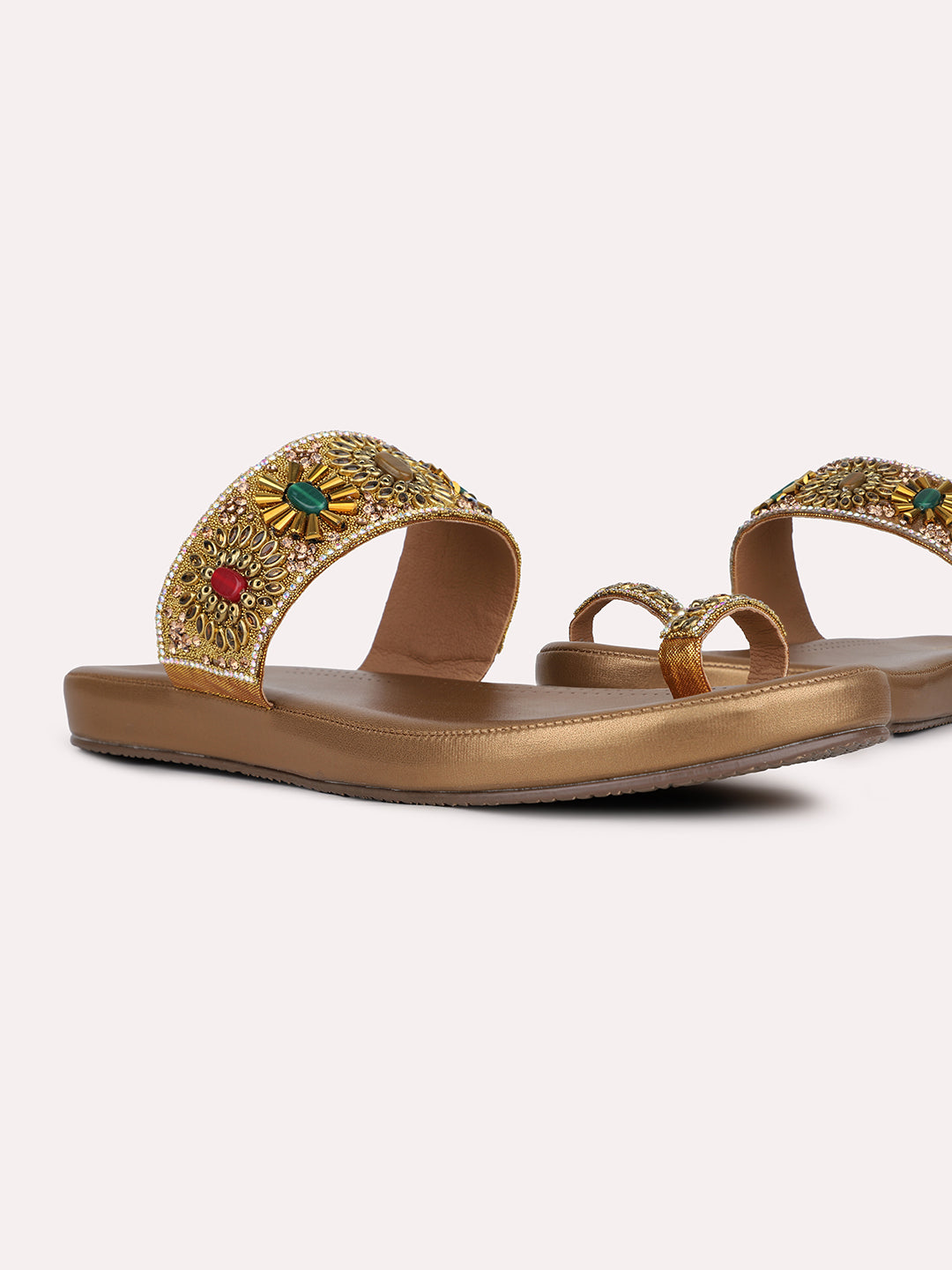 Womens Golden Embellished One Toe Ethnic Slip-On Flats