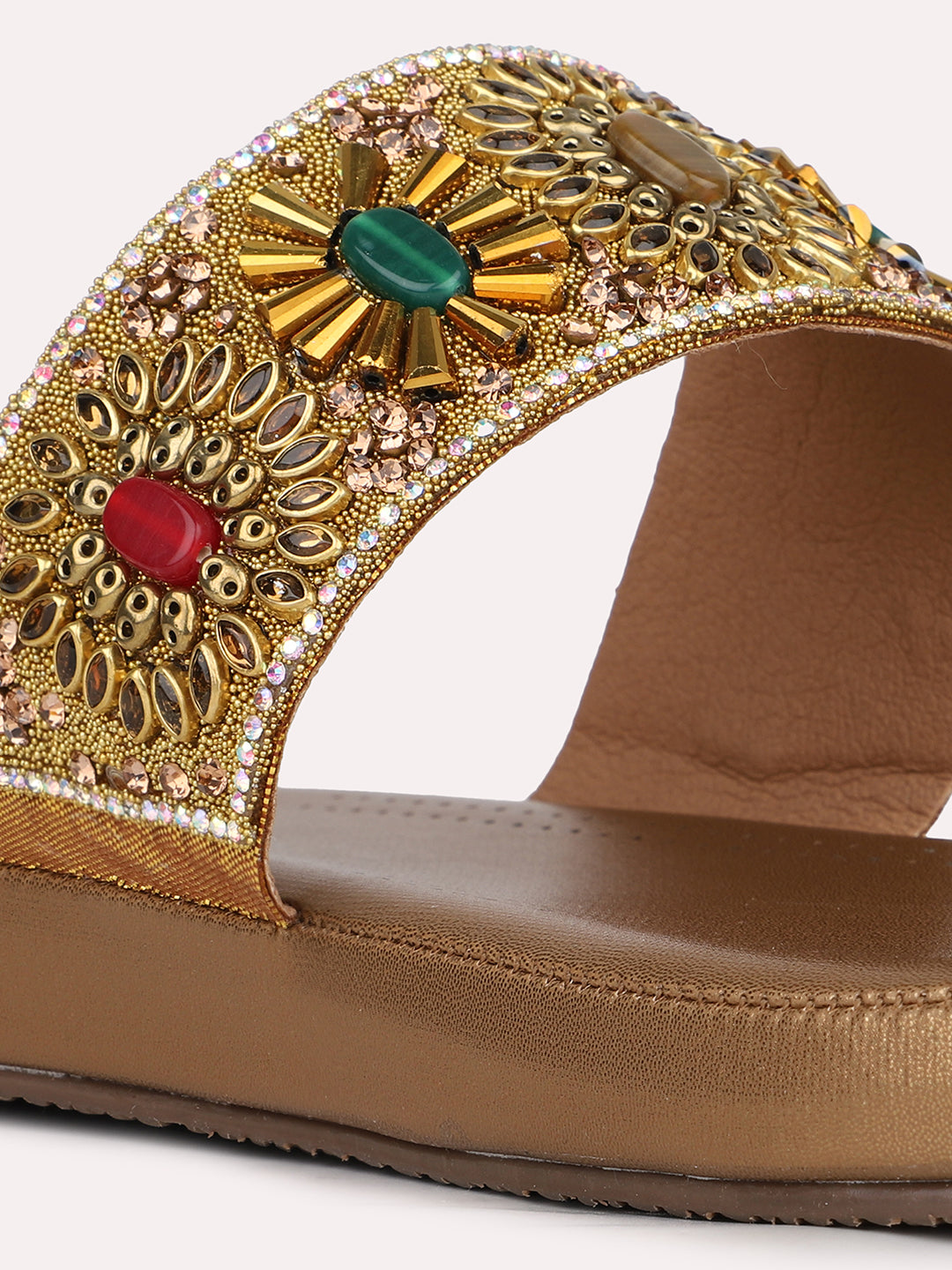 Womens Golden Embellished One Toe Ethnic Slip-On Flats