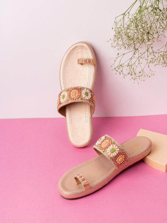 Womens Rose Golden Embellished One Toe Ethnic Slip-On Flats