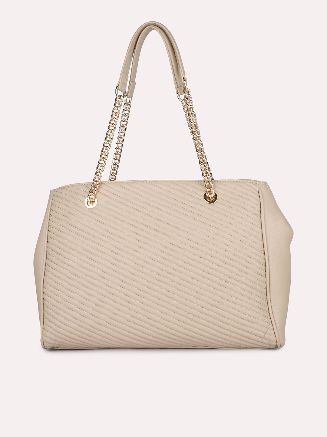 Women Beige Textured Structured Shoulder Bag with Quilted Detailing