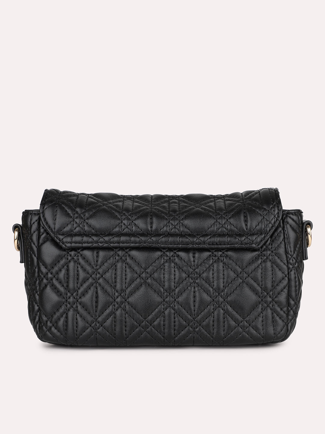 Women Black Textured Structured Sling Bag With Quilted Detailing