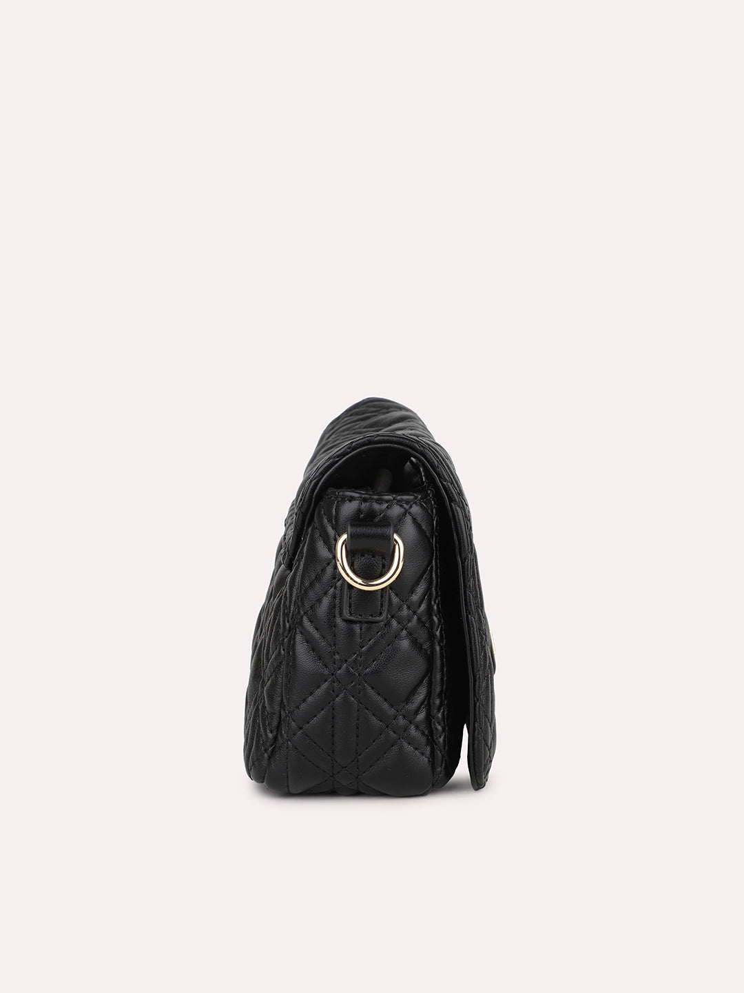 Women Black Textured Structured Sling Bag With Quilted Detailing