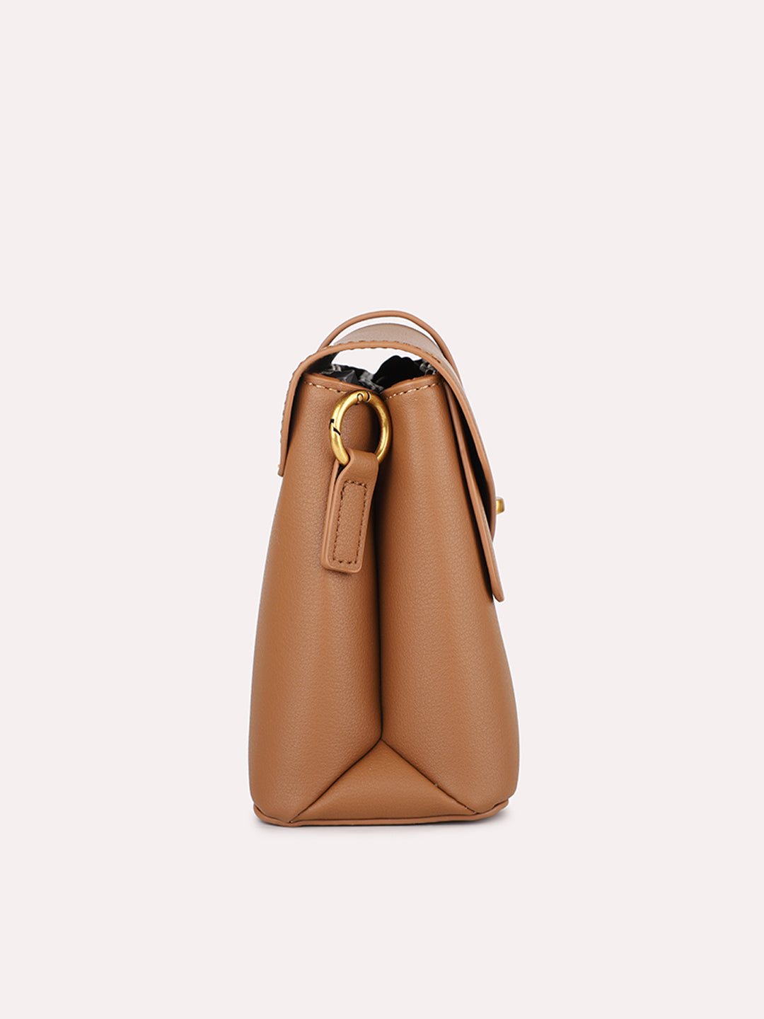 Women Tan Solid Structured Sling Bag with Front Lock Detail