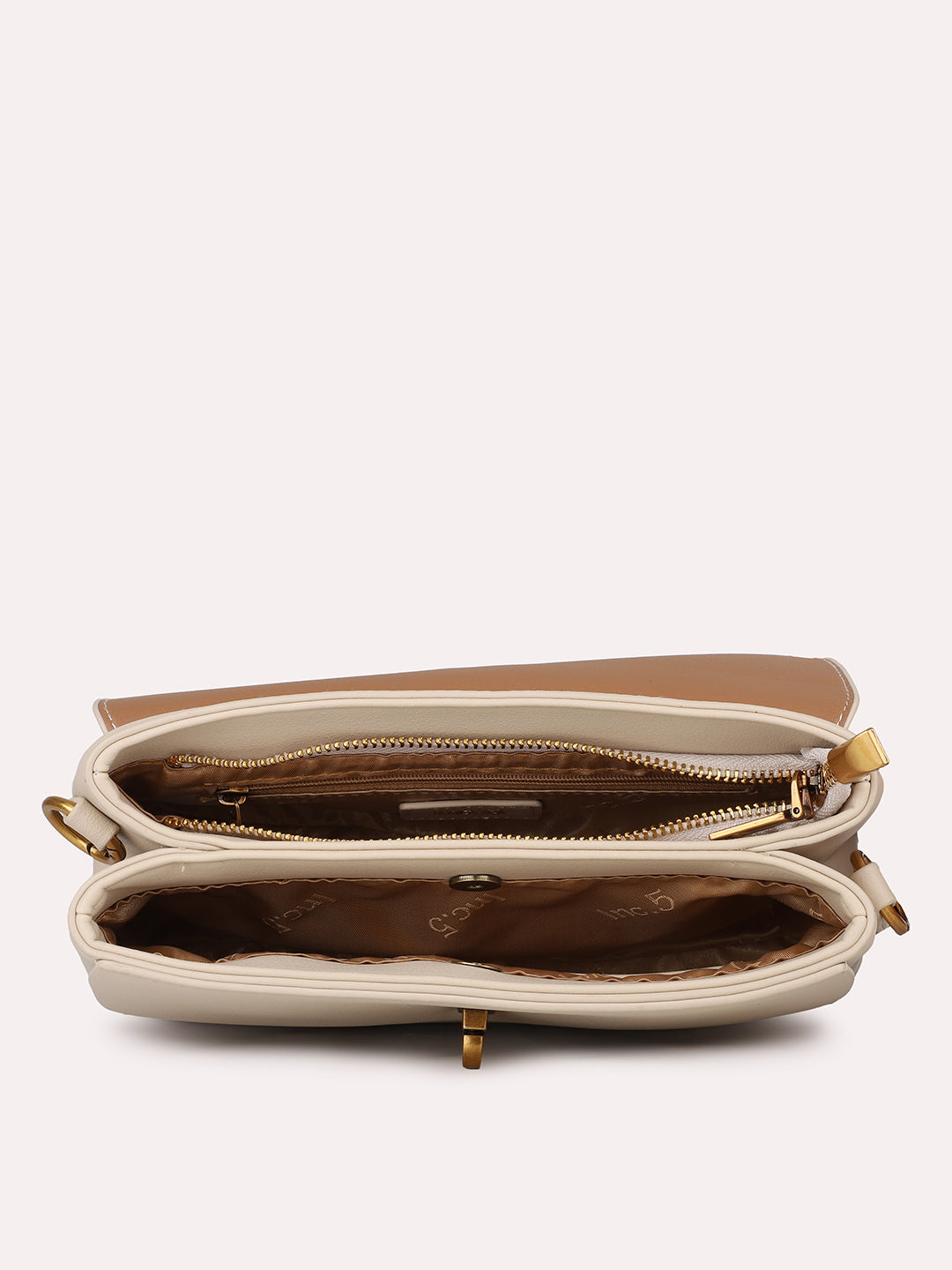 Women Beige Solid Structured Sling Bag with Front Lock Detail