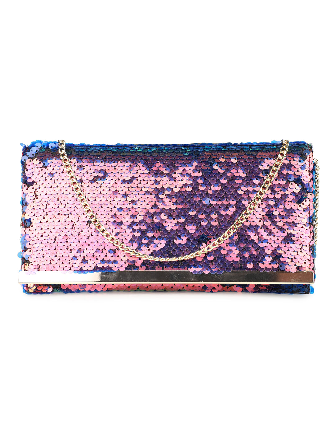 Women Blue Sequins Embellished Envelope Clutch