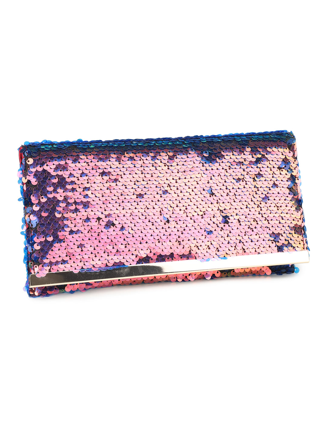 Women Blue Sequins Embellished Envelope Clutch