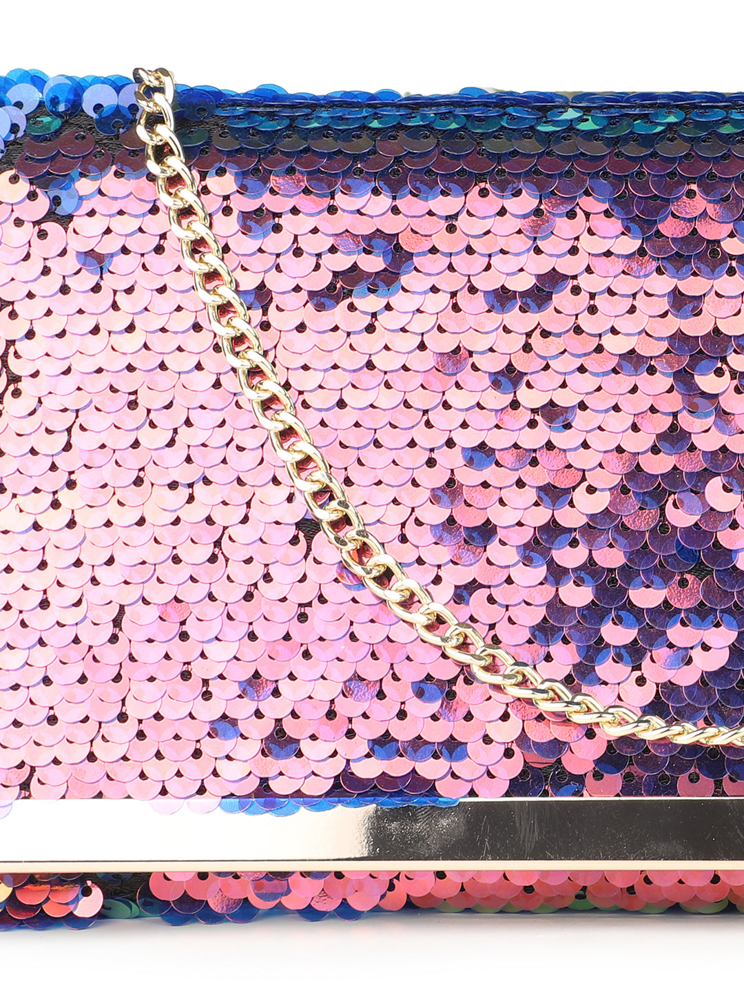 Women Blue Sequins Embellished Envelope Clutch