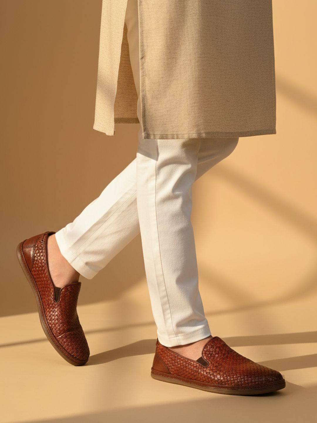 Mens Tan Casual Embossed Round Toe Slip-Ons