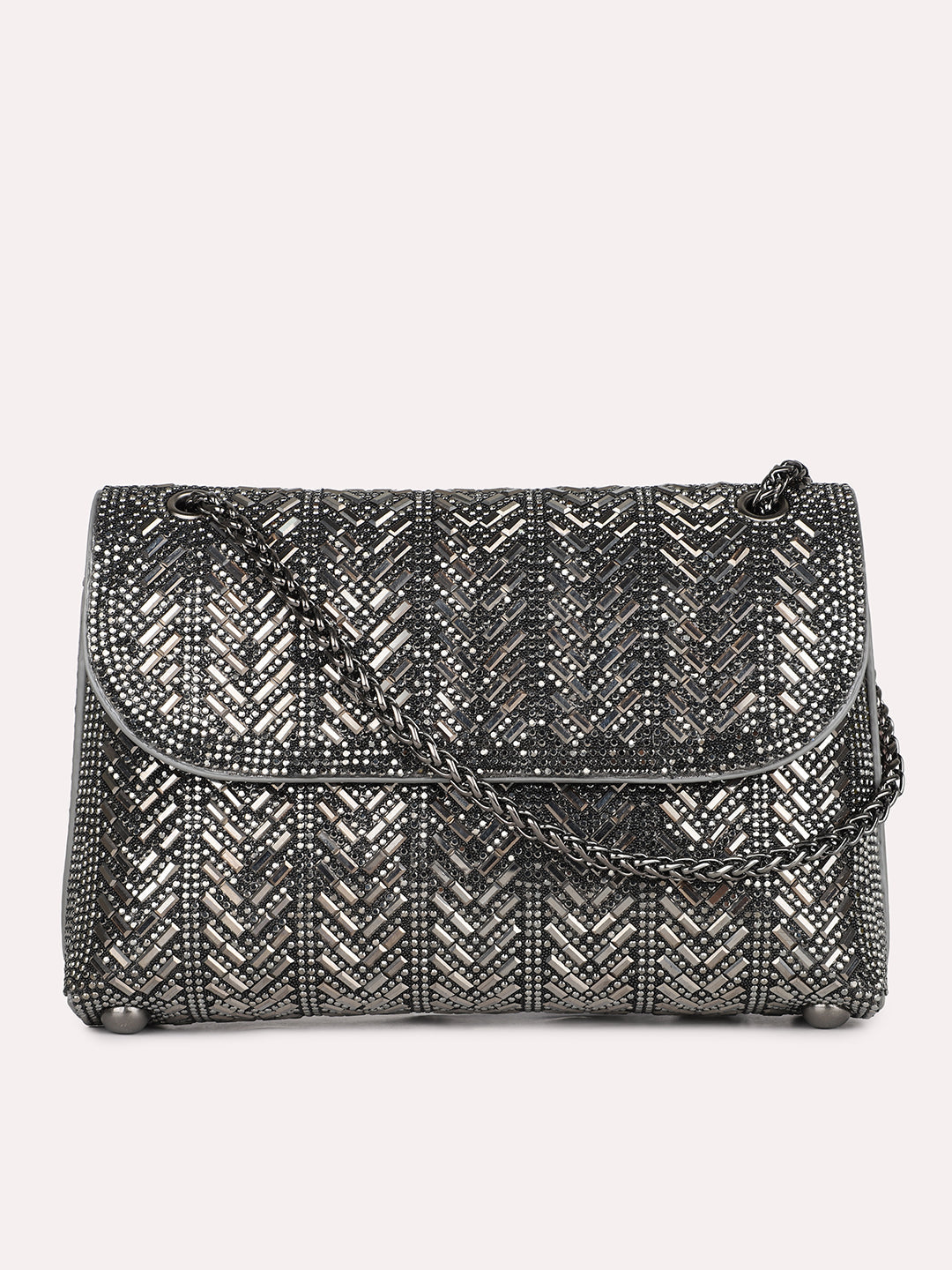 Womens Grey Embellished Sling Bag