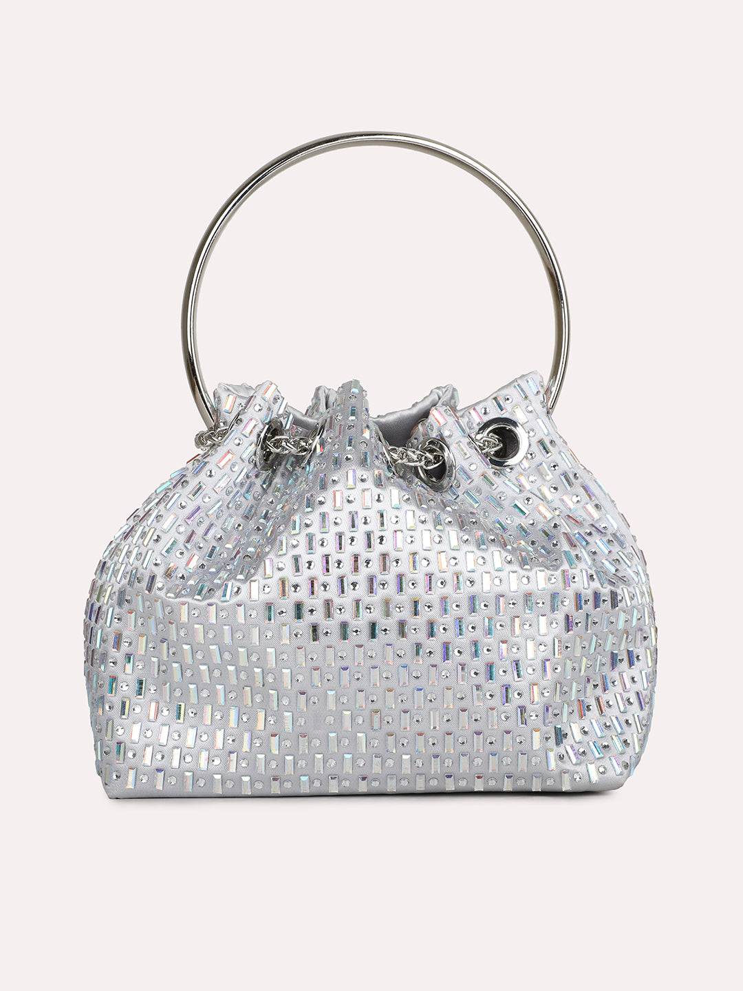 Womens Silver Embellished Pouch Potli