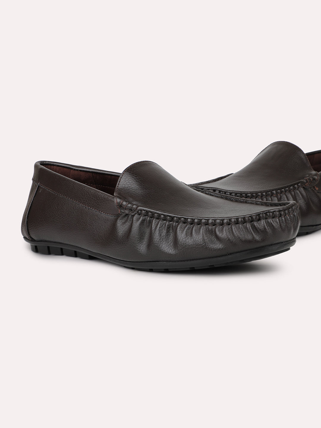 Men Brown Textured Leather Slip-Ons Loafers