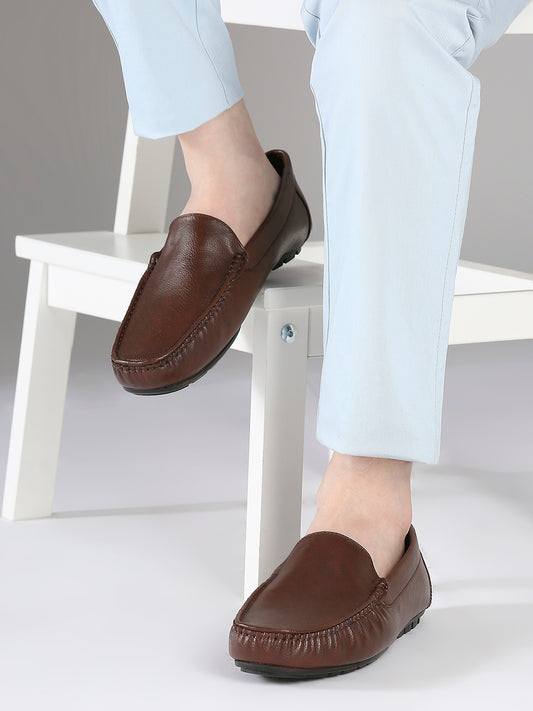 Men Tan Textured Leather Slip-Ons Loafers