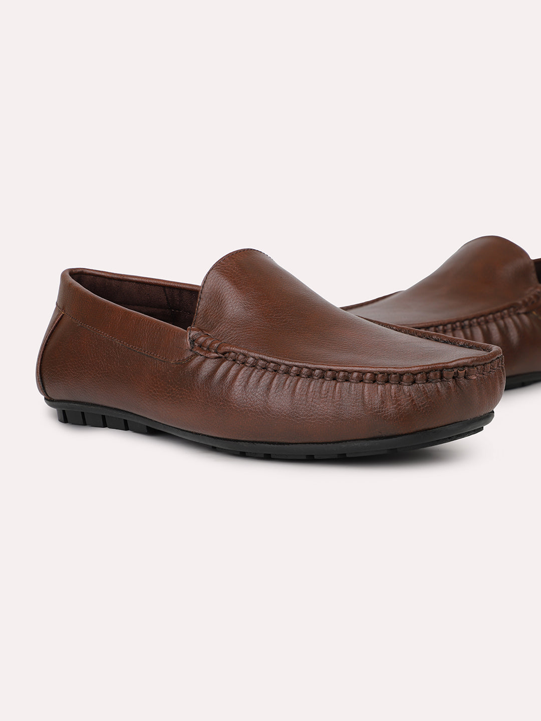 Men Tan Textured Leather Slip-Ons Loafers