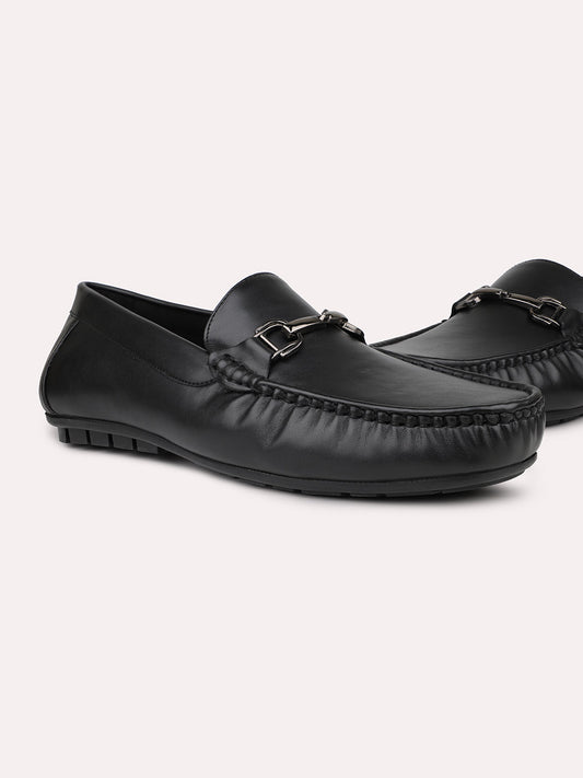 Men Black Solid Leather Comfort Slip-Ons Loafers