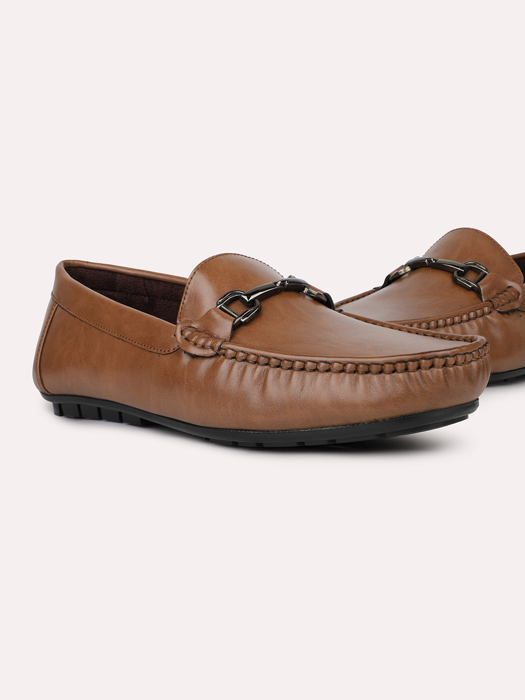 Men Tan Solid Leather Comfort Slip-Ons Loafers