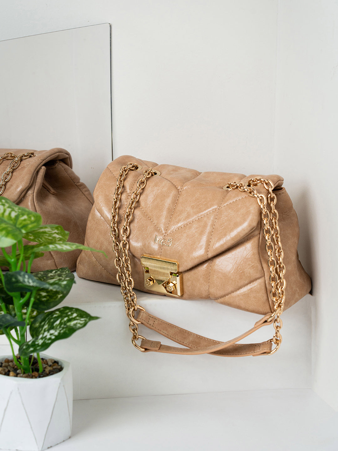 Womens Beige Textured Shoulder Bag