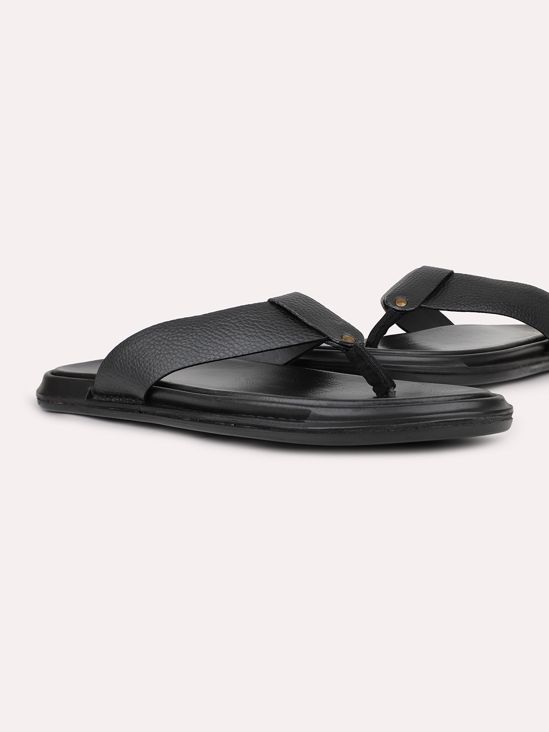 Mens Black Solid Round Toe Flat Leather Sandals