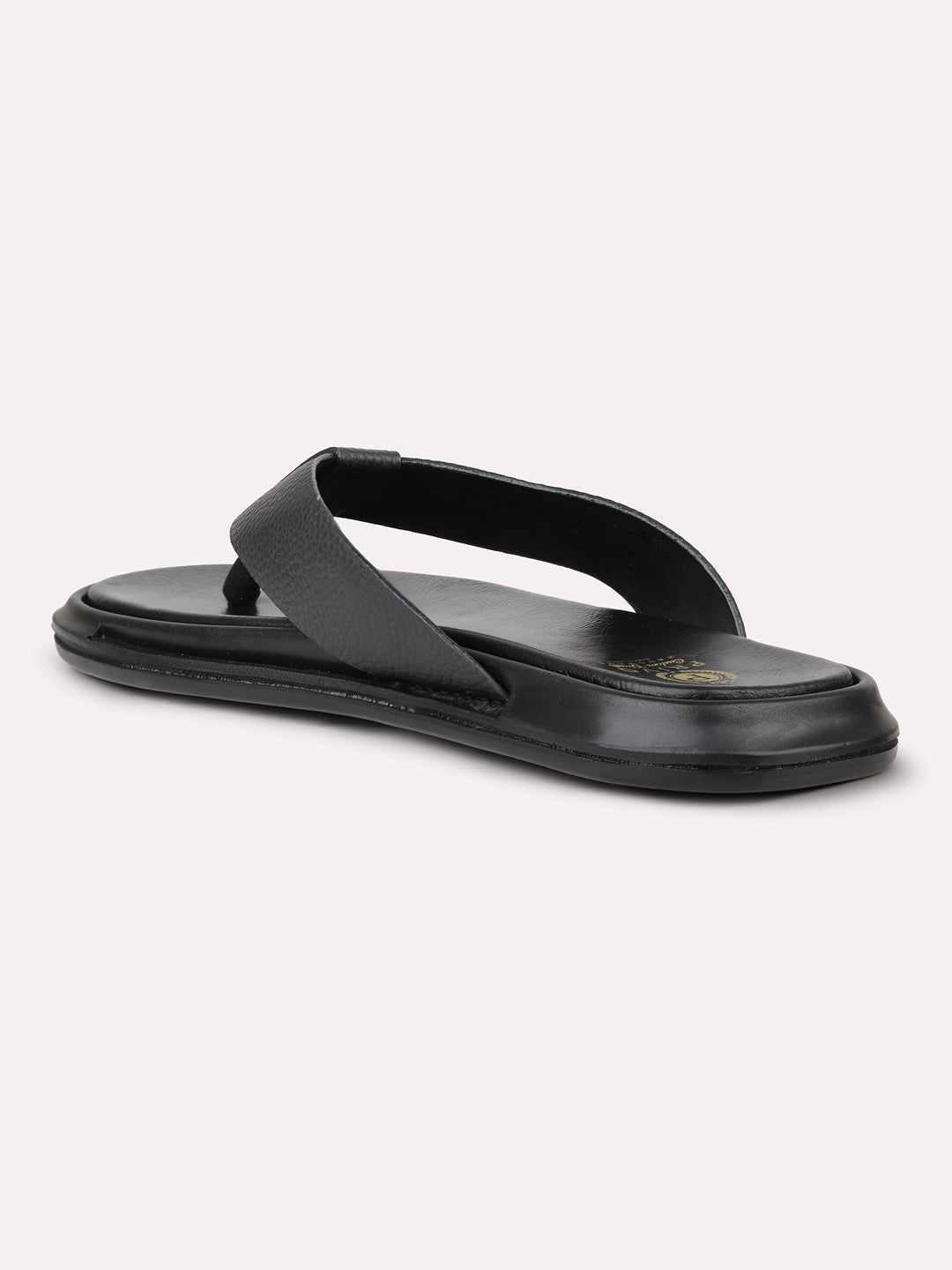 Mens Black Solid Round Toe Flat Leather Sandals