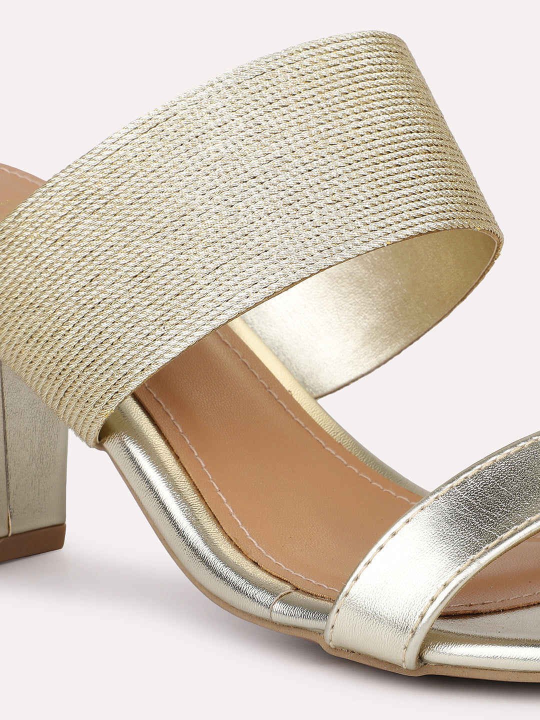 Women Gold Embellished Textured Open Toe Block Heels